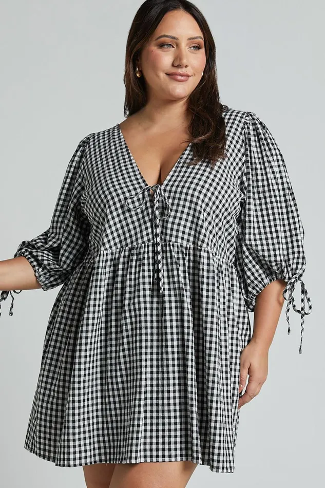 Rosita Mini Dress 8211 Tie Front Puff Sleeve Dress In Black And White Check Women Showpo Maternity Clothes