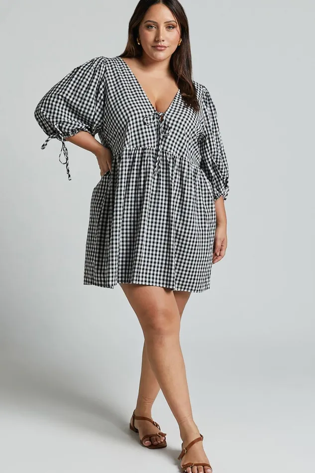 Rosita Mini Dress 8211 Tie Front Puff Sleeve Dress In Black And White Check Women Showpo Maternity Clothes