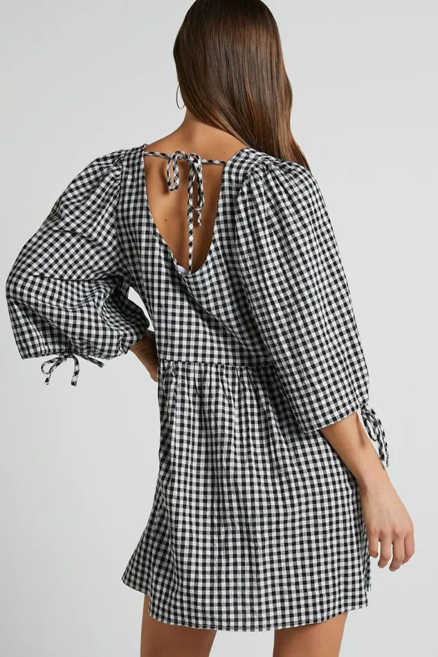 Rosita Mini Dress 8211 Tie Front Puff Sleeve Dress In Black And White Check Women Showpo Maternity Clothes