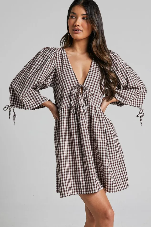 Rosita Mini Dress 8211 Tie Front Puff Sleeve Dress In Brown And White Check Women Showpo Maternity Clothes Rosita Mini Dress 8211 Tie Front Puff Sleeve Dress In Brown And White Check Women Showpo Maternity Clothes
