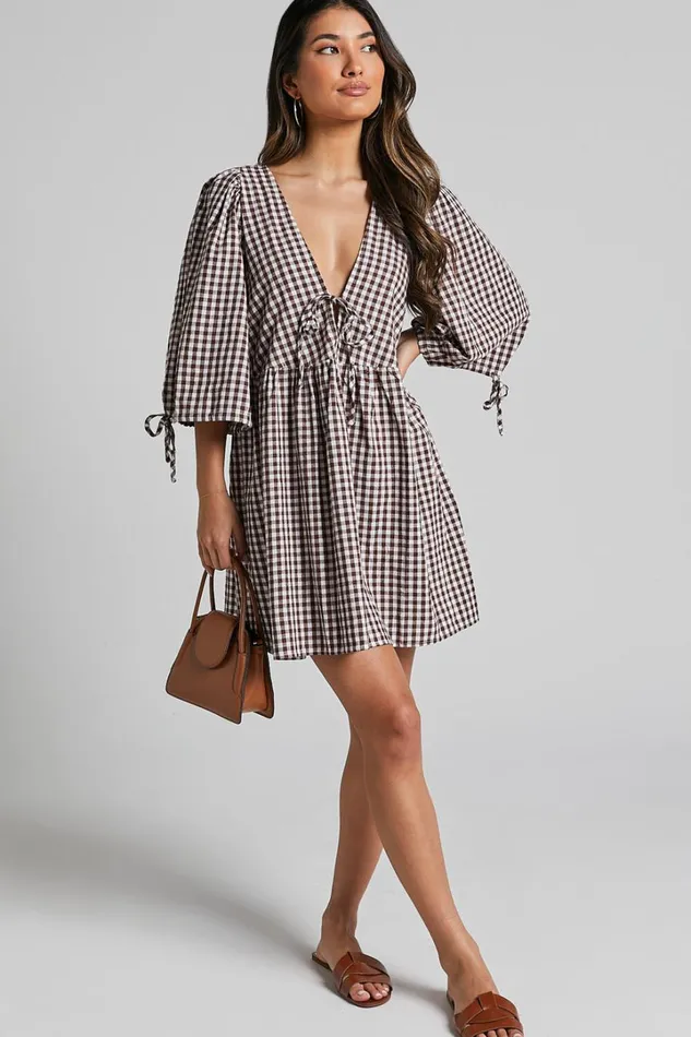 Rosita Mini Dress 8211 Tie Front Puff Sleeve Dress In Brown And White Check Women Showpo Maternity Clothes