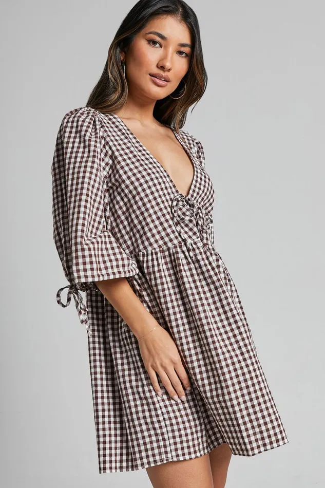 Rosita Mini Dress 8211 Tie Front Puff Sleeve Dress In Brown And White Check Women Showpo Maternity Clothes