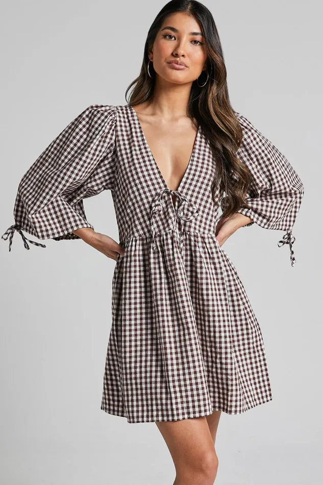 Rosita Mini Dress 8211 Tie Front Puff Sleeve Dress In Brown And White Check Women Showpo Maternity Clothes