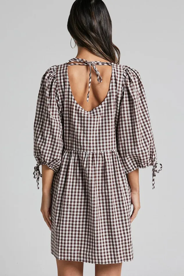 Rosita Mini Dress 8211 Tie Front Puff Sleeve Dress In Brown And White Check Women Showpo Maternity Clothes