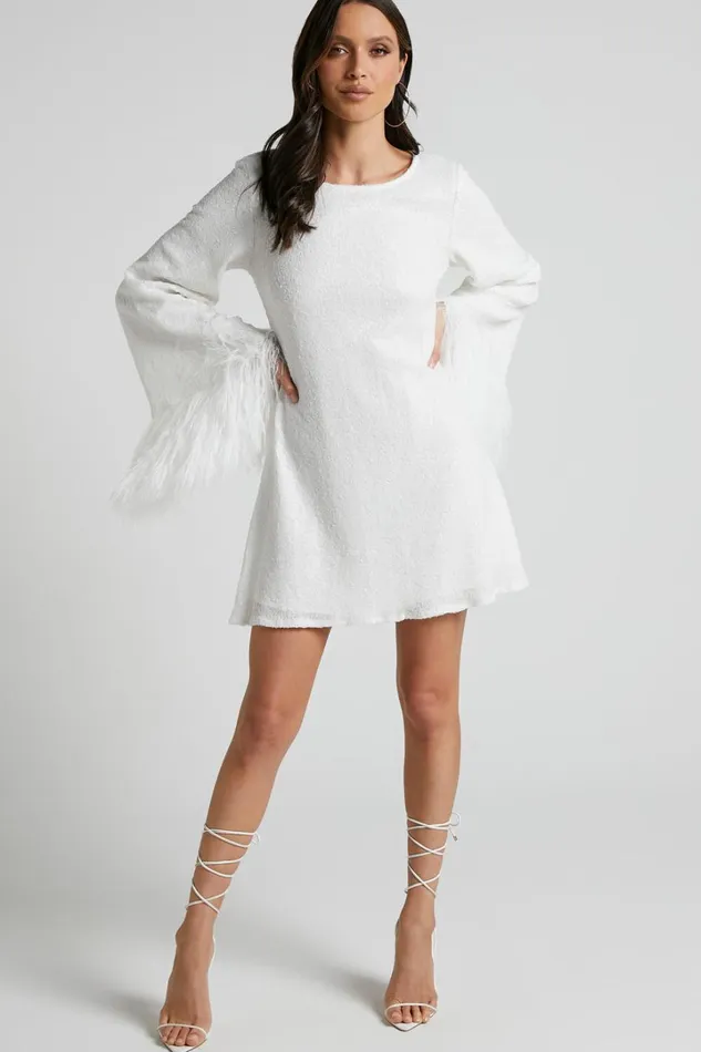 Rowella Mini Dress 8211 Faux Feather Bell Sleeve Dress In White Women Showpo Dresses