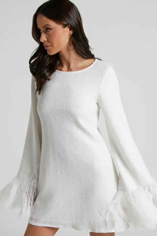 Rowella Mini Dress 8211 Faux Feather Bell Sleeve Dress In White Women Showpo Dresses