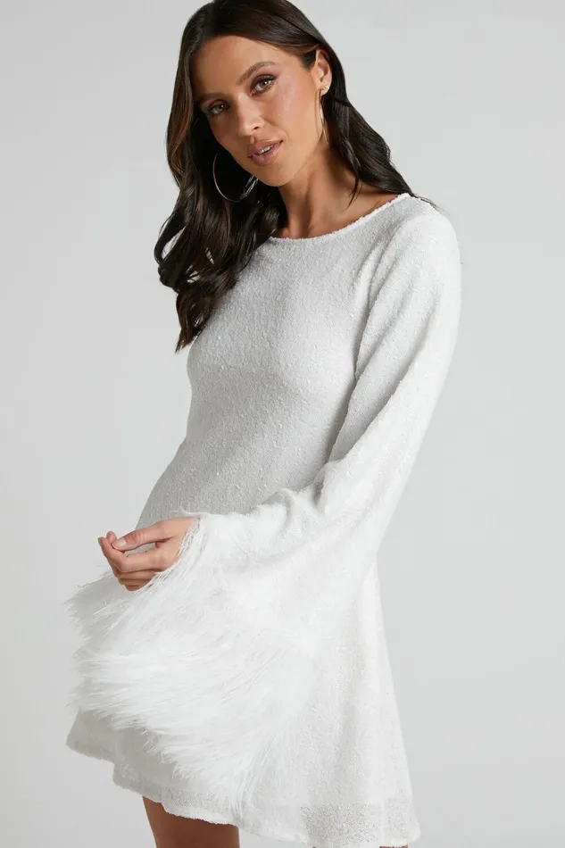 Rowella Mini Dress 8211 Faux Feather Bell Sleeve Dress In White Women Showpo Dresses