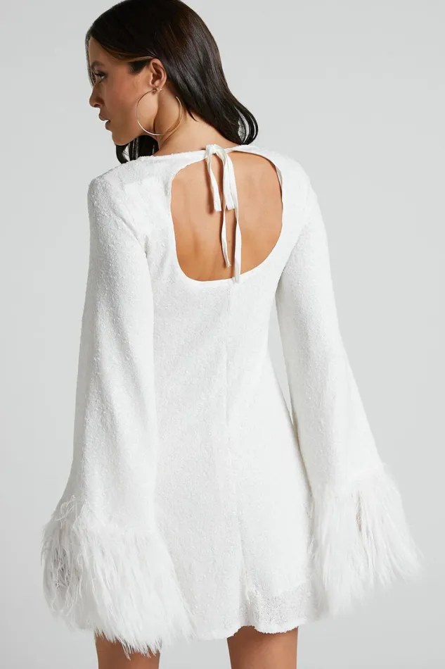 Rowella Mini Dress 8211 Faux Feather Bell Sleeve Dress In White Women Showpo Dresses
