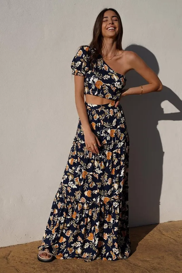 Runaway The Label Crops Elena One Shoulder Top Navy Floral 8211 Women