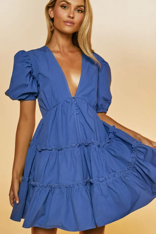 Sarah Mini Dress 8211 Short Puff Sleeve V Neck A Line Dress In Blue Women Showpo Dresses Sarah Mini Dress 8211 Short Puff Sleeve V Neck A Line Dress In Blue Women Showpo Dresses