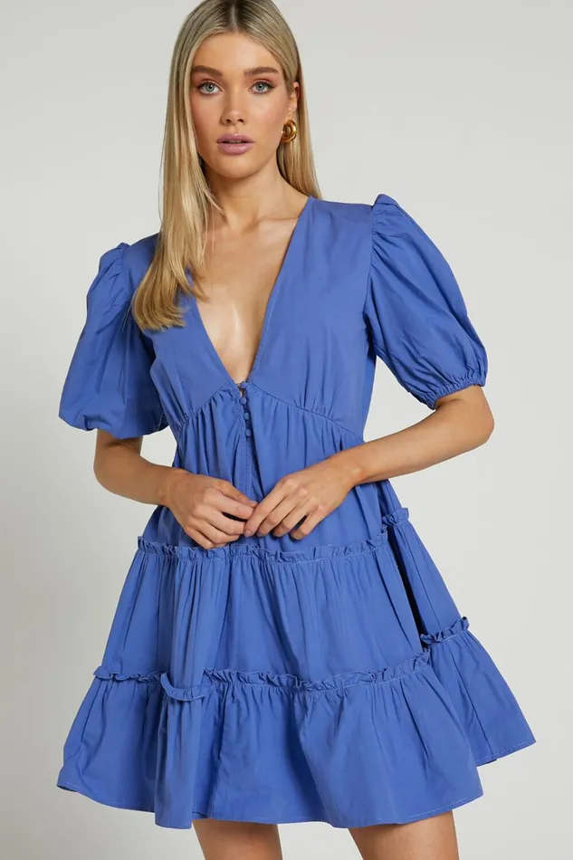 Sarah Mini Dress 8211 Short Puff Sleeve V Neck A Line Dress In Blue Women Showpo Dresses