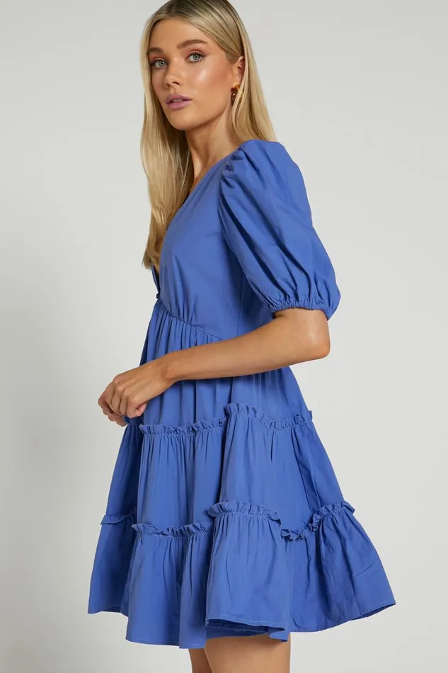 Sarah Mini Dress 8211 Short Puff Sleeve V Neck A Line Dress In Blue Women Showpo Dresses