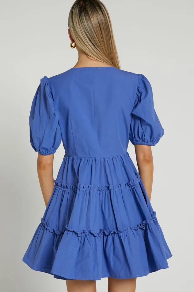 Sarah Mini Dress 8211 Short Puff Sleeve V Neck A Line Dress In Blue Women Showpo Dresses