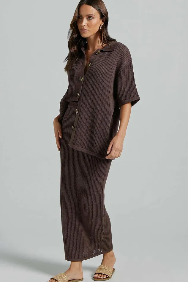 Severina Two Piece Set 8211 Button Through Top And Midi Knit Skirt Set In Chocolate Women Showpo Knitwear