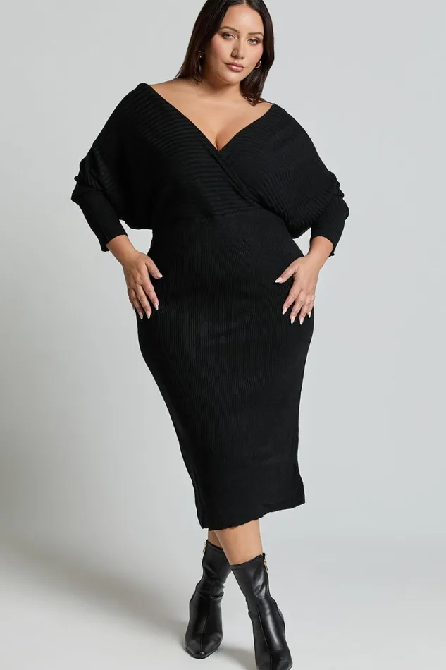 Sheika Midi Dress 8211 Long Sleeve Off Shoulder Knit Dress In Black Women Showpo Knitwear