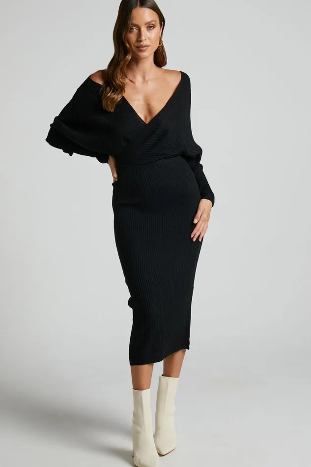 Sheika Midi Dress 8211 Long Sleeve Off Shoulder Knit Dress In Black Women Showpo Knitwear