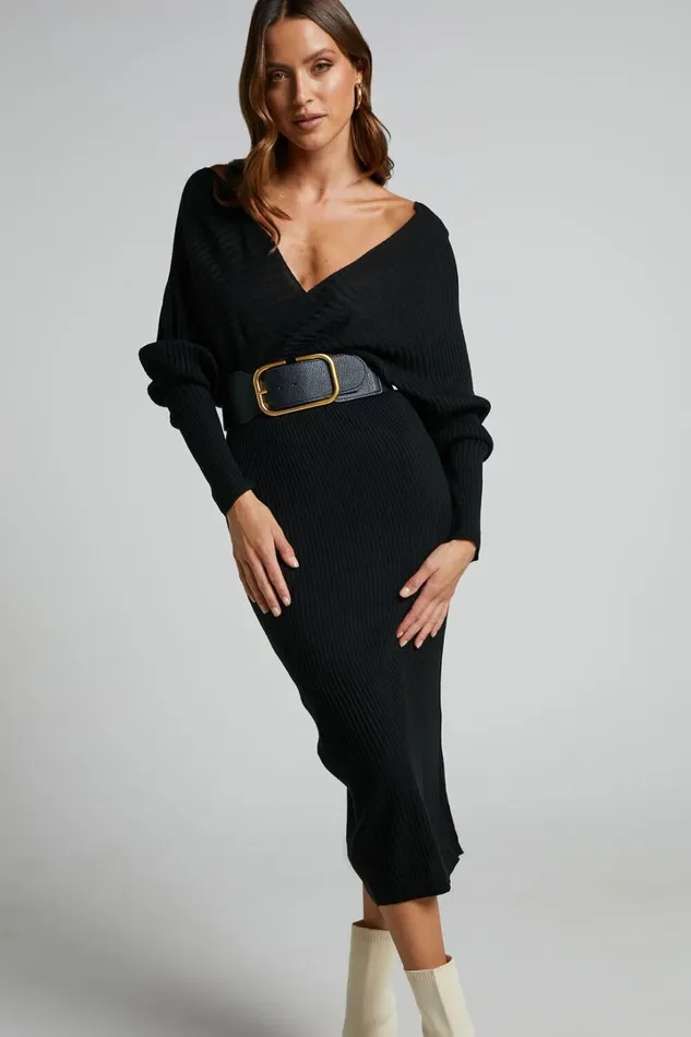 Sheika Midi Dress 8211 Long Sleeve Off Shoulder Knit Dress In Black Women Showpo Knitwear