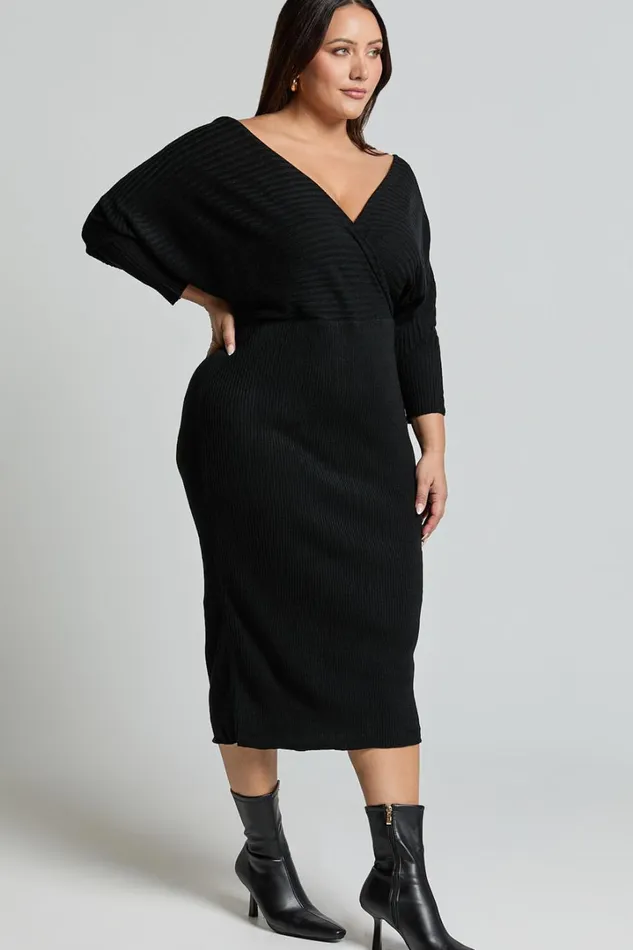 Sheika Midi Dress 8211 Long Sleeve Off Shoulder Knit Dress In Black Women Showpo Knitwear