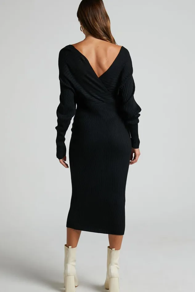 Sheika Midi Dress 8211 Long Sleeve Off Shoulder Knit Dress In Black Women Showpo Knitwear