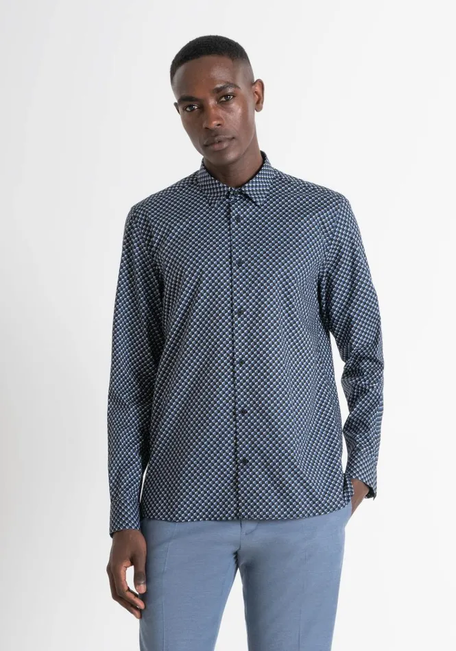 Shirts Men Antony Morato Regular Fit 034Barcelona034 Straight Cut Shirt In Micro Patterned Cotton Worker Avio Shirts Men Antony Morato Regular Fit 034Barcelona034 Straight Cut Shirt In Micro Patterned Cotton Worker Avio