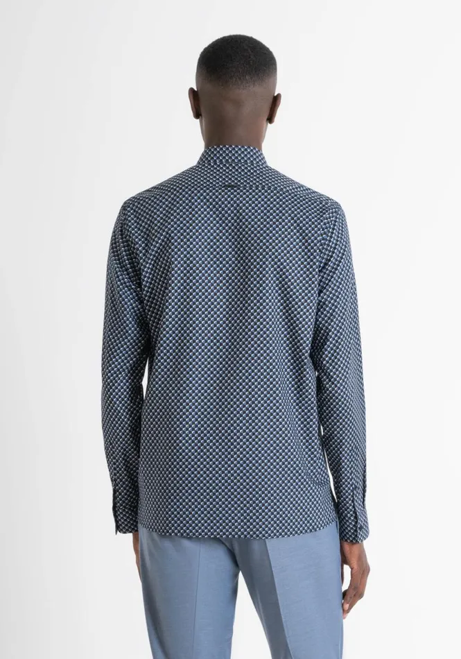 Shirts Men Antony Morato Regular Fit 034Barcelona034 Straight Cut Shirt In Micro Patterned Cotton Worker Avio