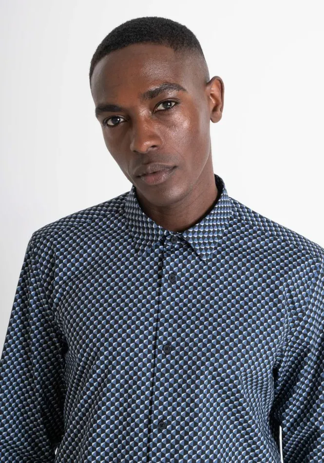 Shirts Men Antony Morato Regular Fit 034Barcelona034 Straight Cut Shirt In Micro Patterned Cotton Worker Avio