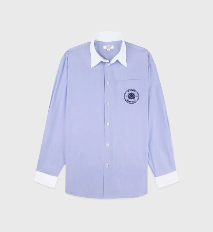 Shirts Men Sporty and Rich Bristol Crest Oversized Shirt 8211 WhiteNavy Stripe