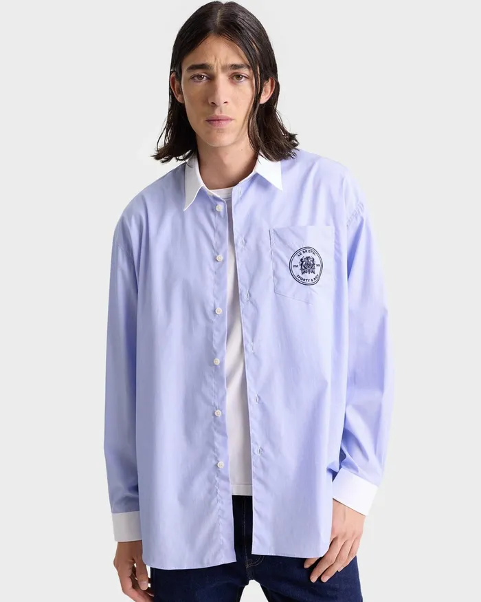 Shirts Men Sporty and Rich Bristol Crest Oversized Shirt 8211 WhiteNavy Stripe
