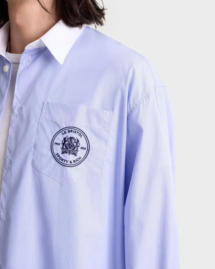 Shirts Men Sporty and Rich Bristol Crest Oversized Shirt 8211 WhiteNavy Stripe