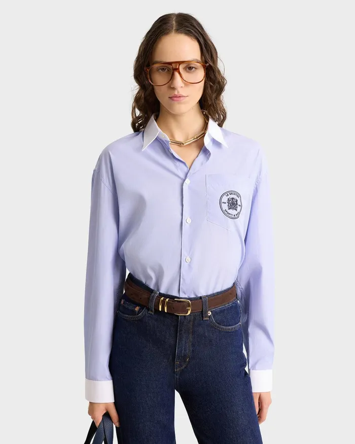Shirts Men Sporty and Rich Bristol Crest Oversized Shirt 8211 WhiteNavy Stripe