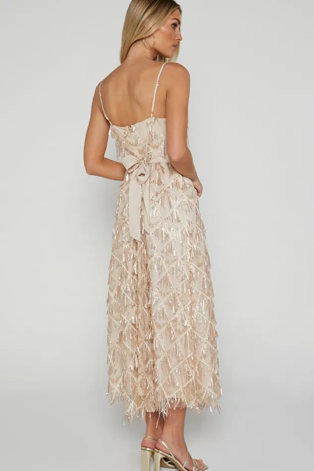 Shook Midi Dress Plunge Fringe Midi Dress In Champagne Sequin In Gold Women Showpo Dresses
