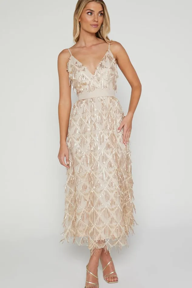 Shook Midi Dress Plunge Fringe Midi Dress In Champagne Sequin In Gold Women Showpo Dresses