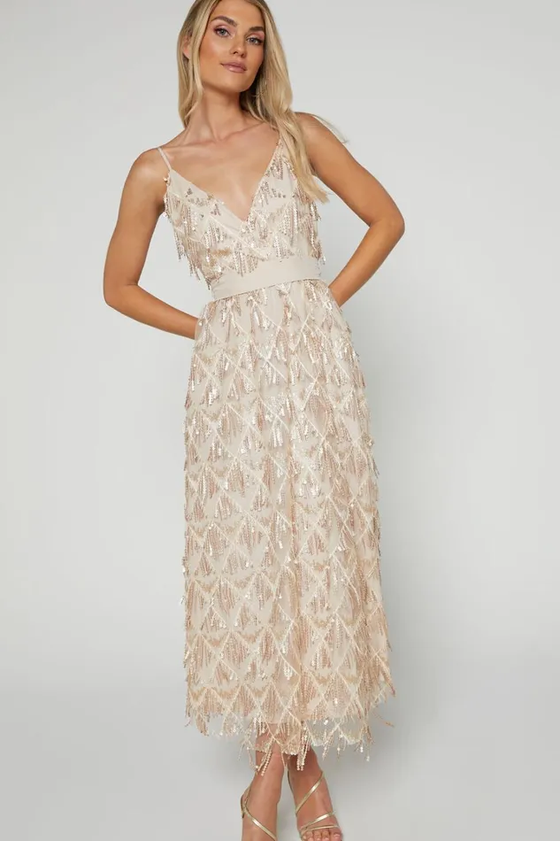 Shook Midi Dress Plunge Fringe Midi Dress In Champagne Sequin In Gold Women Showpo Dresses