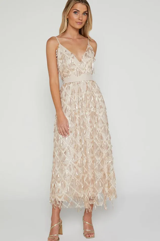 Shook Midi Dress Plunge Fringe Midi Dress In Champagne Sequin In Gold Women Showpo Dresses