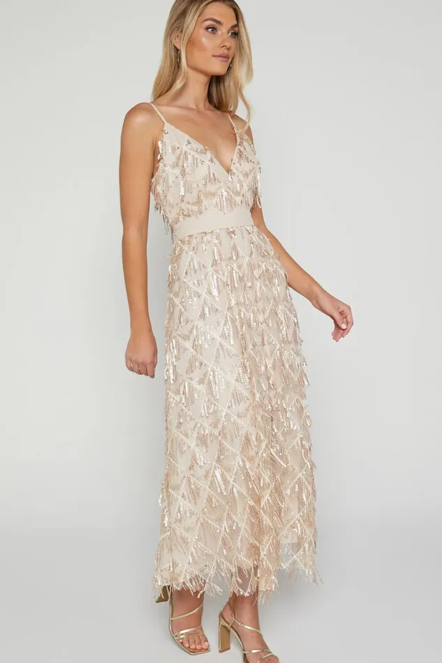 Shook Midi Dress Plunge Fringe Midi Dress In Champagne Sequin In Gold Women Showpo Dresses