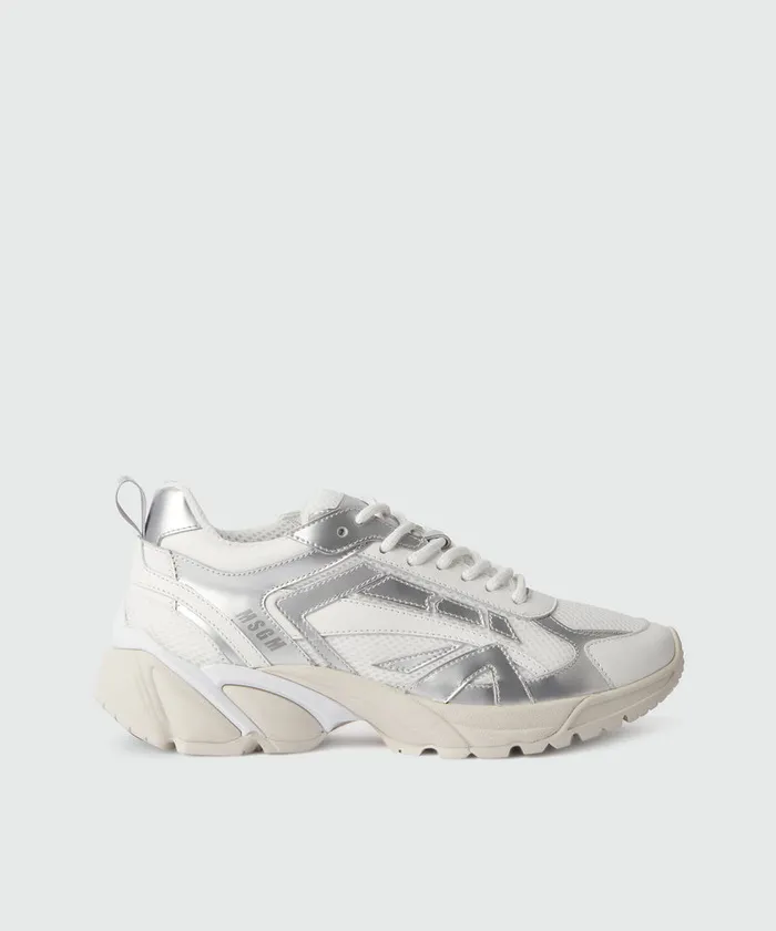 Silver And White Leather Vulcano Sneakers With Mesh Inserts Women MSGM Sneakers