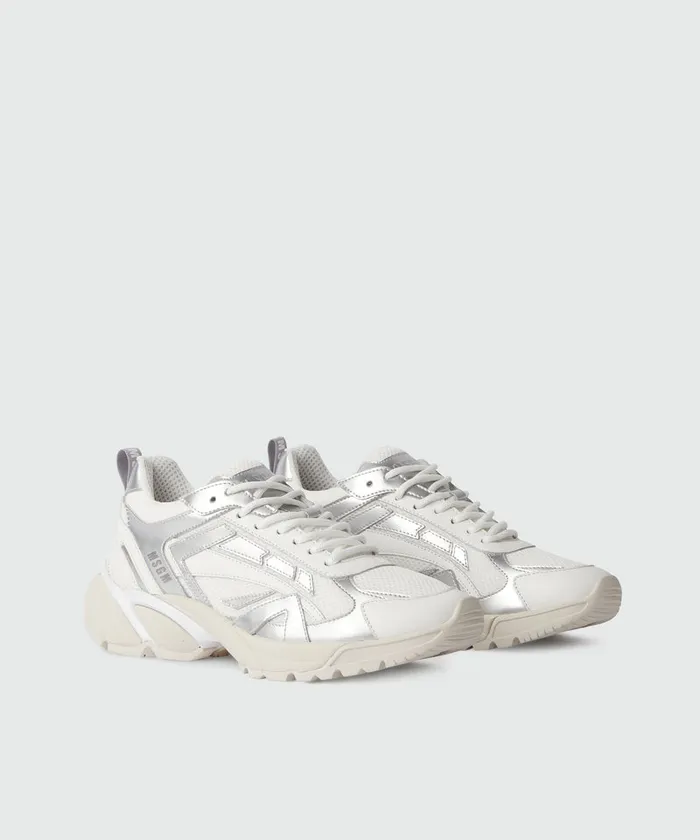 Silver And White Leather Vulcano Sneakers With Mesh Inserts Women MSGM Sneakers
