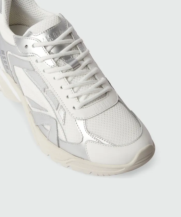 Silver And White Leather Vulcano Sneakers With Mesh Inserts Women MSGM Sneakers