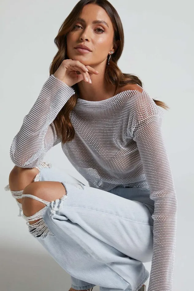 Skylae Top 8211 Diamante Mesh Long Sleeve Crop Top In White Women Showpo Tops