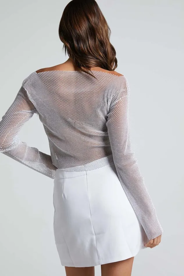 Skylae Top 8211 Diamante Mesh Long Sleeve Crop Top In White Women Showpo Tops