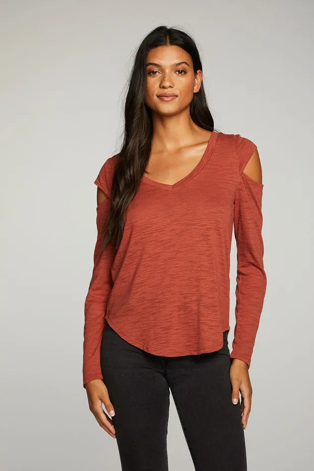 Slub Jersey Vented Long Sleeve Deep V Shirttail Tee Tops Chaser Brand Womens