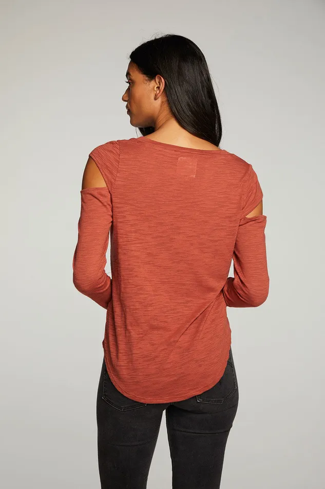 Slub Jersey Vented Long Sleeve Deep V Shirttail Tee Tops Chaser Brand Womens