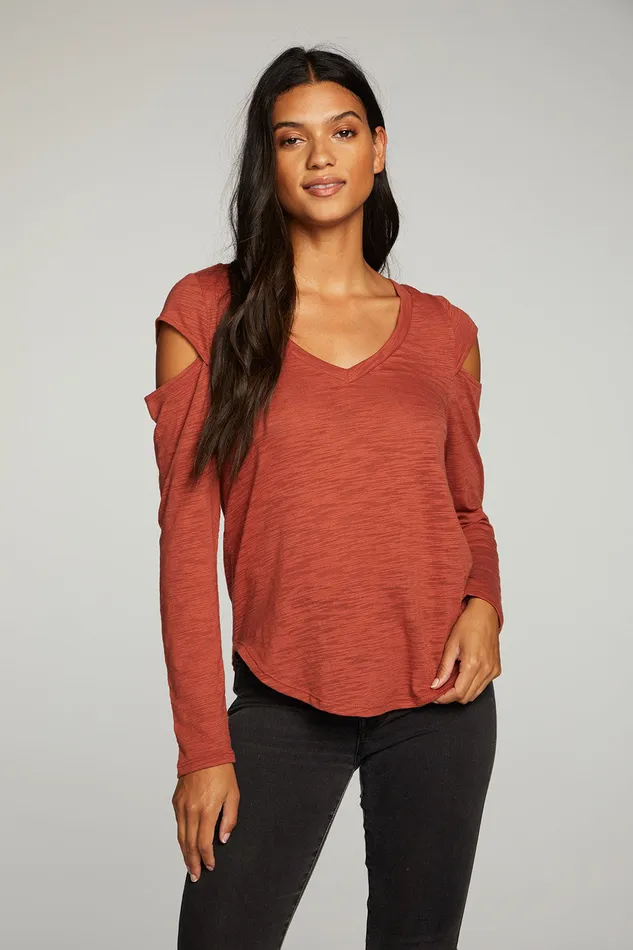 Slub Jersey Vented Long Sleeve Deep V Shirttail Tee Tops Chaser Brand Womens