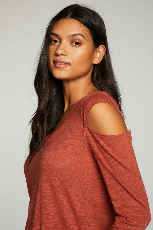 Slub Jersey Vented Long Sleeve Deep V Shirttail Tee Tops Chaser Brand Womens