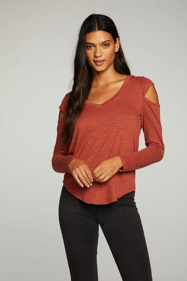 Slub Jersey Vented Long Sleeve Deep V Shirttail Tee Tops Chaser Brand Womens