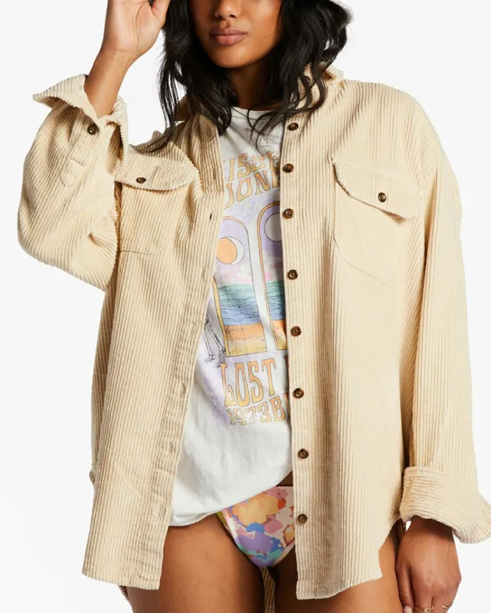 So Stoked Cord Long Sleeve Top Antique White 2 Women Billabong Tops