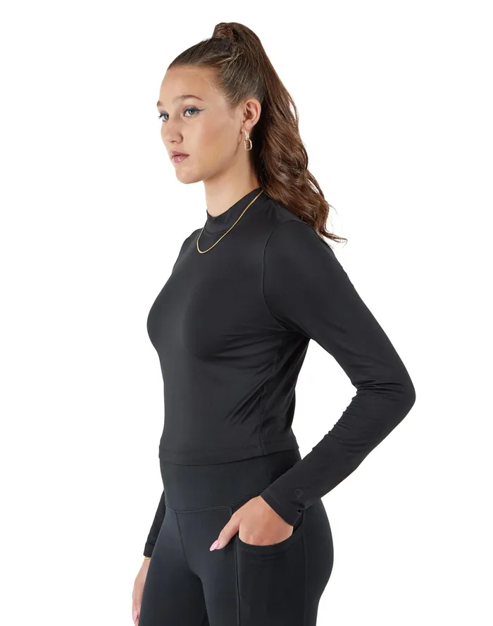 Soft Touch Mock Neck LongSleeve Crop Top HighDensity C Logo Black Women Champion TShirts and Tops