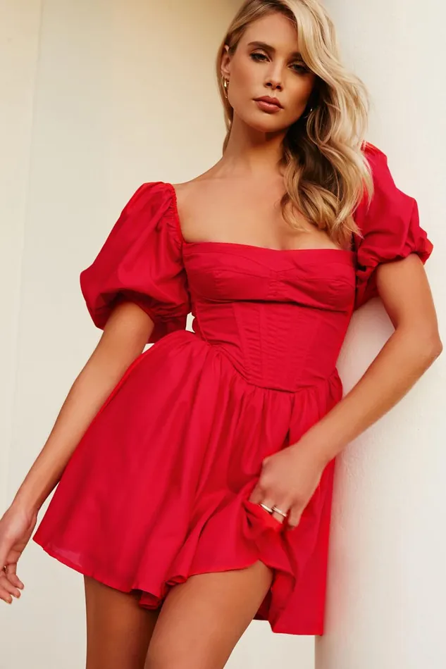 Souza Mini Dress 8211 Fit And Flare Puff Sleeve Corset Dress In Red Women Showpo Curve Clothes