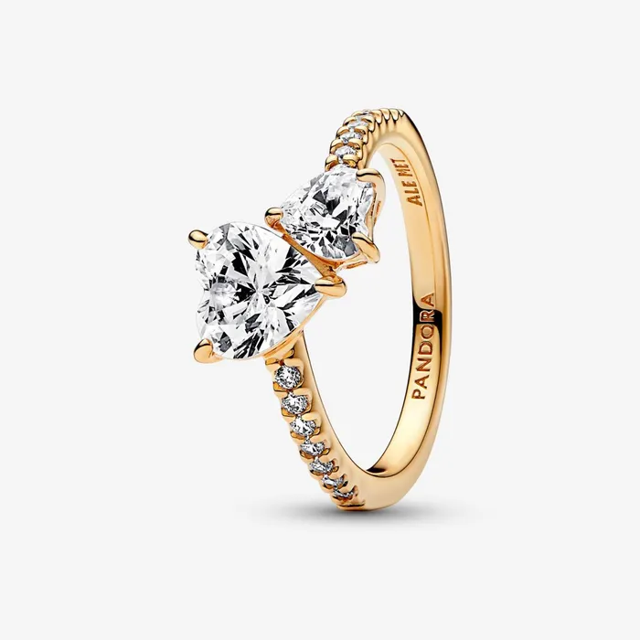 Stackable Rings Women Pandora Double Heart Sparkling Ring Gold Plated
