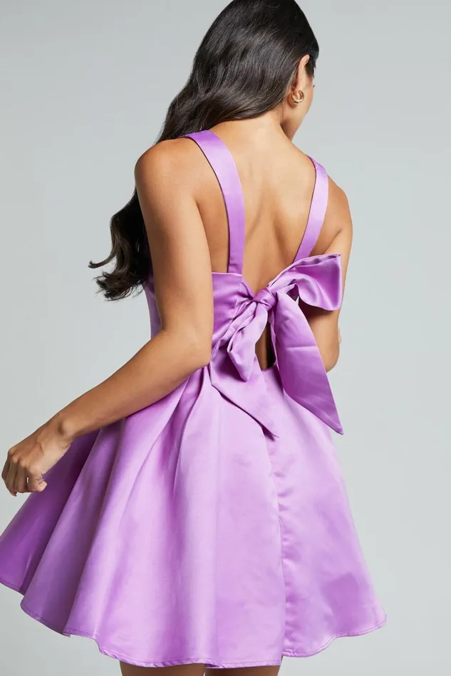 Stephanie Mini Dress 8211 Satin Square Neck Tie Back Dress In Orchid Women Showpo Dresses